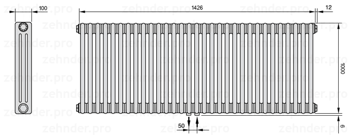 Схема (чертеж) Радиатор Zehnder Charleston 3100/31 №5410 Белый глянцевый RAL 9016